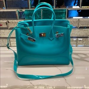 Jelly tote crossbody aqua turquoise gold hardware